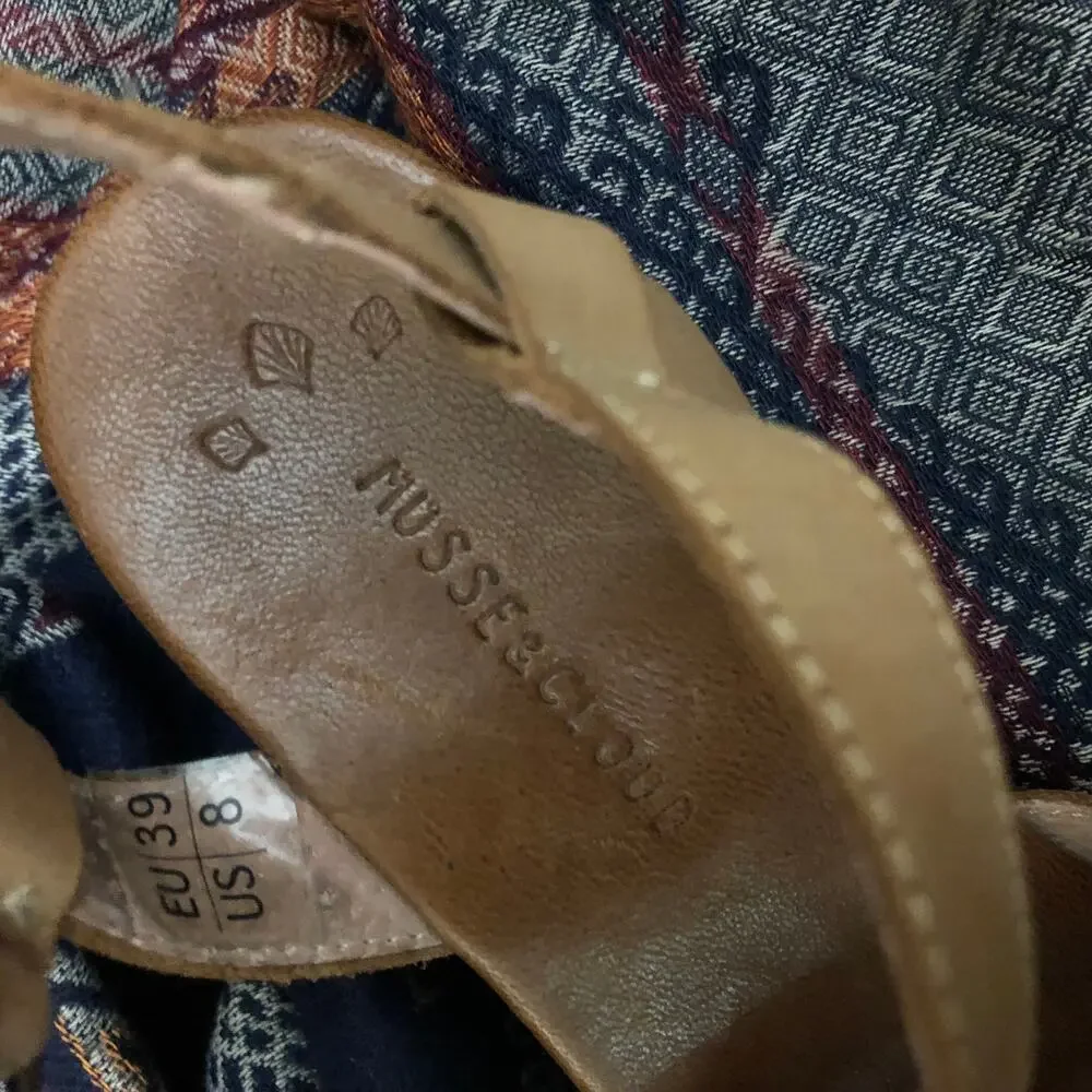 Anthropologie Musse & Cloud Sandal Platform Wood Heel Tan Leather Cross Strap 39
